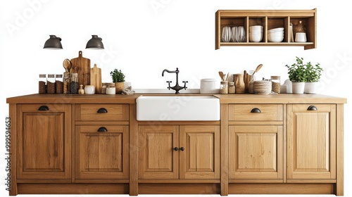 A cozy kitchen with wooden cabinets and a farmhouse sink, isolated on a white background 