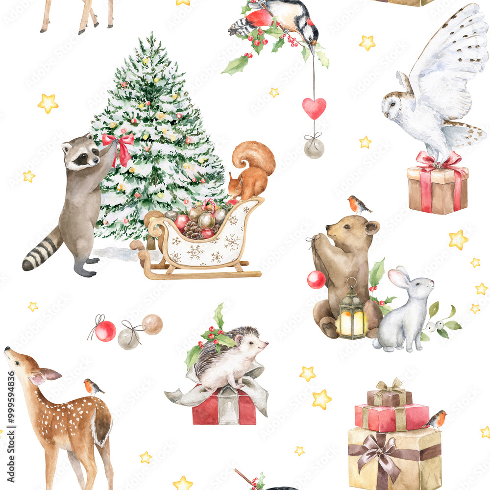Fototapeta premium Watercolor Christmas seamless pattern with cute forest baby animals. Hand painted winter illustrations. New year decoration, fabric, textile, wallpaper, wrapping paper, card, print
