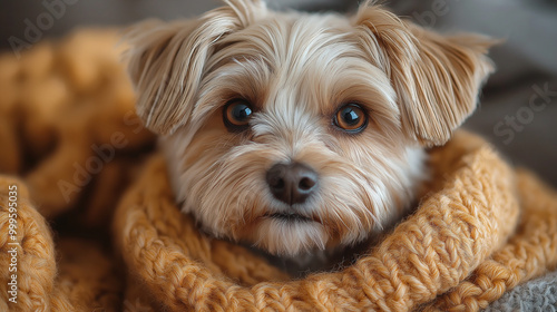 A dog is lying on the bed covered with a scarf or plaid. The temperature of the cold air in the house. The concept of heating a house in cold winter or autumn.