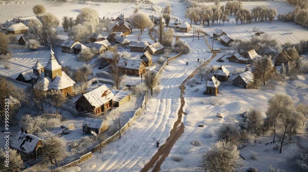 Fototapeta premium Winter Village Aerial View