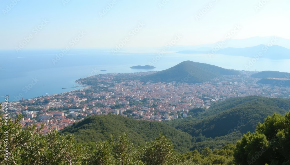 Fototapeta premium Panoramic view of a coastal city from a mountaintop