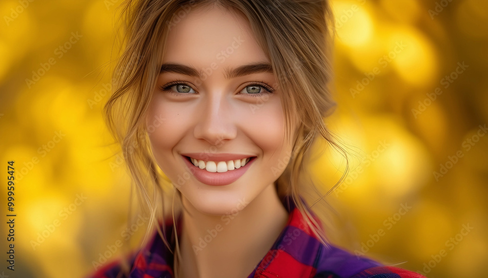 A portrait of a young woman wearing a red and purple checkered flannel shirt, smiling brightly A portrait of a young woman wearing a red and purple checkered flannel shirt, smiling brightly