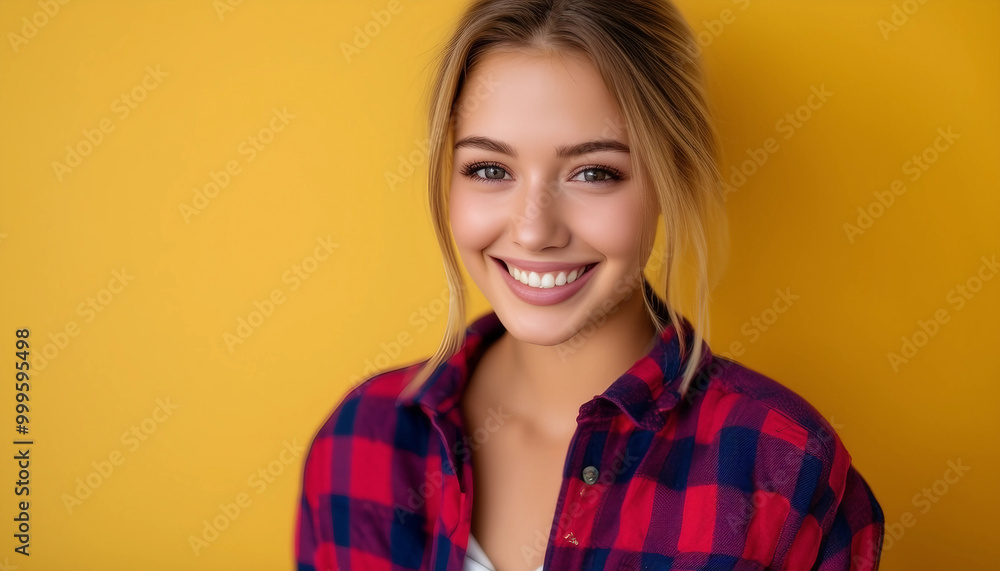 A portrait of a young woman wearing a red and purple checkered flannel shirt, smiling brightly A portrait of a young woman wearing a red and purple checkered flannel shirt, smiling brightly