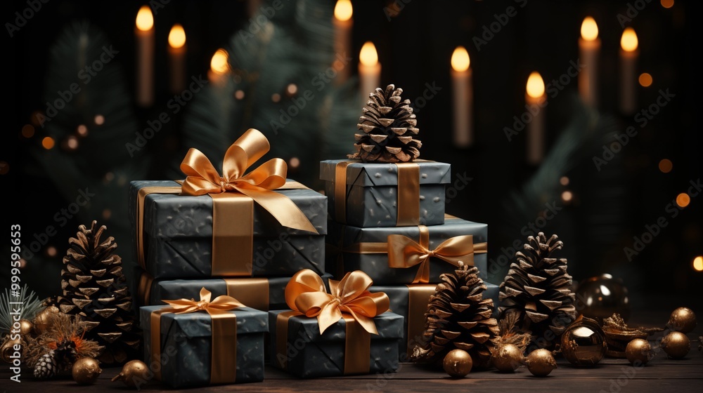 christmas celebrations dark background gift boxes and pine cones. christmas celebrations dark background gift boxes and pine cones.
