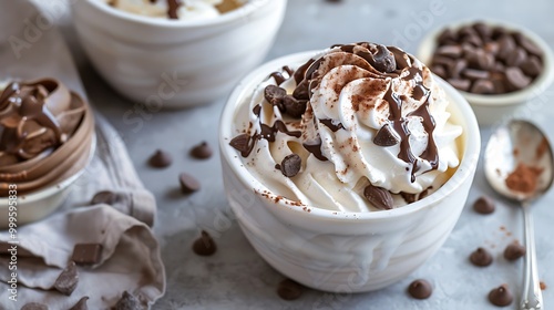 Two expertly divided portions of ice cream with flawless swirls on top are placed in a bowl