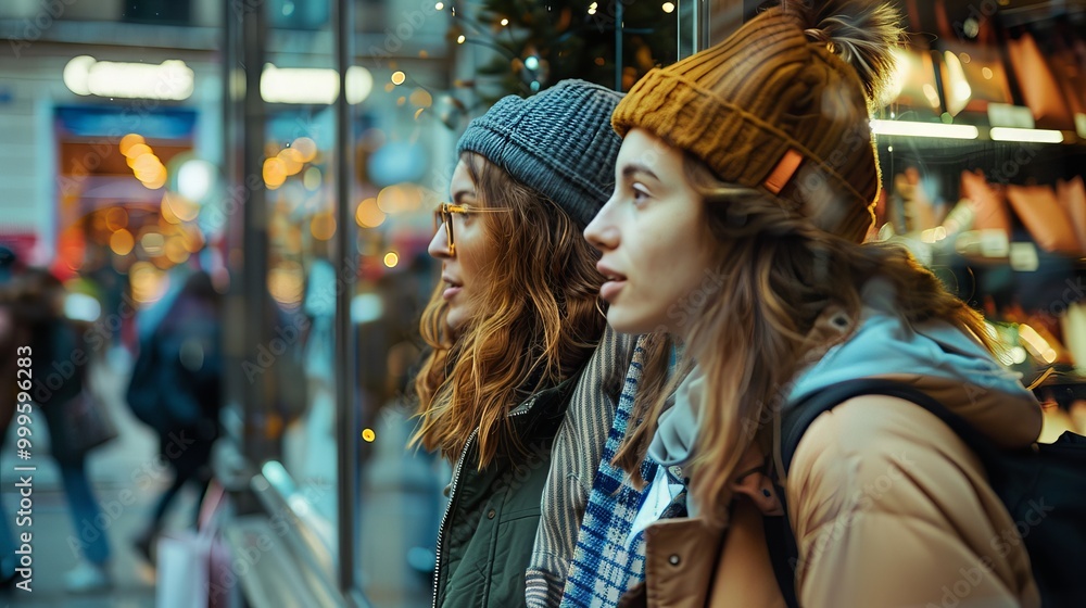 Two young women enjoying a shopping day, admiring storefront displays in a bustling city center Two young women enjoying a shopping day, admiring storefront displays in a bustling city center