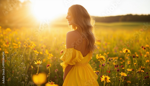 Fototapeta Naklejka Na Ścianę i Meble -  A sunny, outdoor scene of a woman in a yellow dress standing in a field of wildflowers