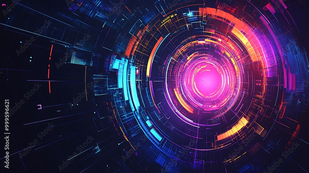 Fototapeta premium Abstract glowing neon circle with futuristic digital technology design in the background.