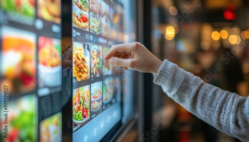 Woman ordering food using digital interactive self service kiosk photo