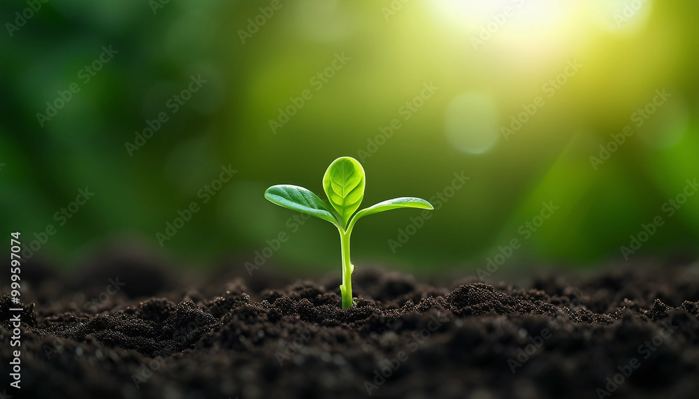 Close-up of a tiny green seedling emerging from rich dark soil, bathed in soft natural light Close-up of a tiny green seedling emerging from rich dark soil, bathed in soft natural light