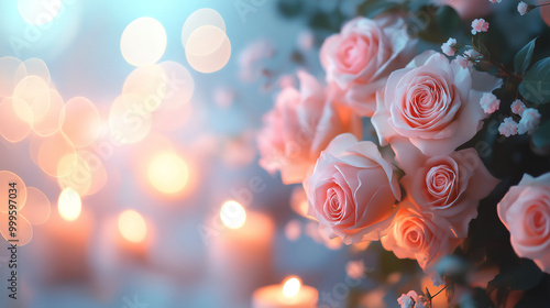 Beautiful Bokeh Background Featuring Pink and White Roses with Candles for a Romantic Aesthetic