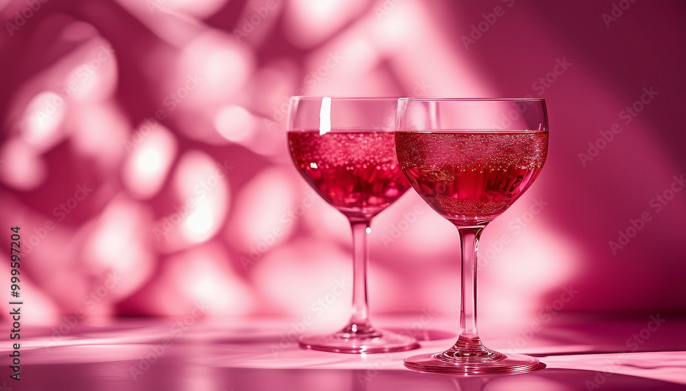 Two elegant pink glasses filled with a rose-colored liquid, casting intricate shadows on a textured Two elegant pink glasses filled with a rose-colored liquid, casting intricate shadows on a textured