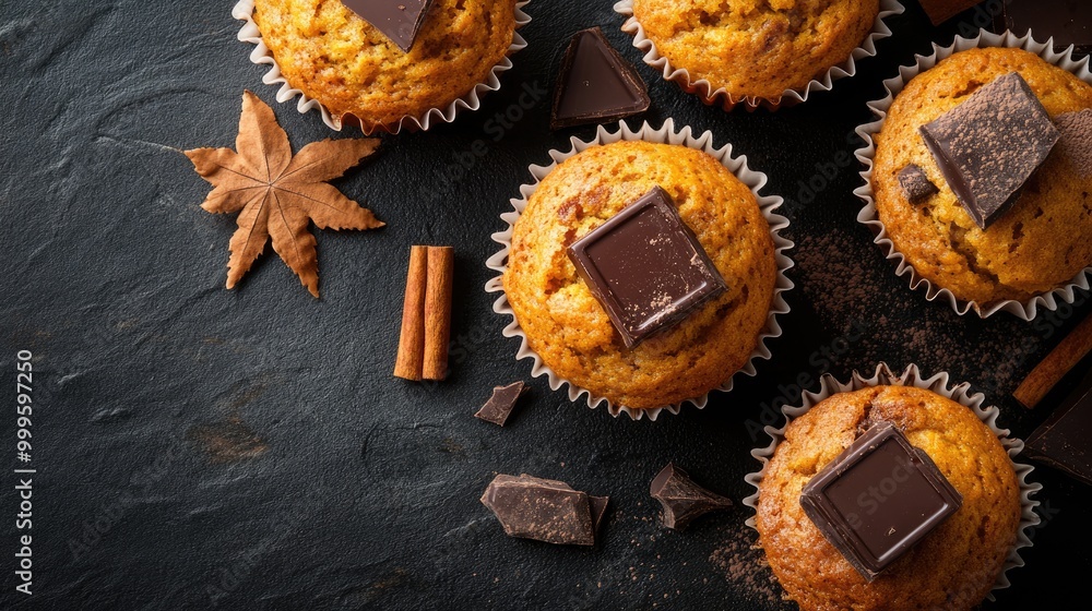 Autumn pumpkin muffins with cinnamon and chocolate on dark background top view Autumn pumpkin muffins with cinnamon and chocolate on dark background top view