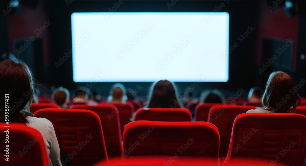 Cinema blank wide empty screen and people in red chairs in the cinema hall. Cinema blank wide empty screen and people in red chairs in the cinema hall.