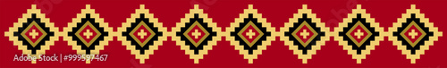 Diamond band motif from an Inca textile pattern. Based on a design of a tunic for men of the Inca Empire, from 15th century CE. Red band containing eight stepped diamond shapes of vibrant colors.