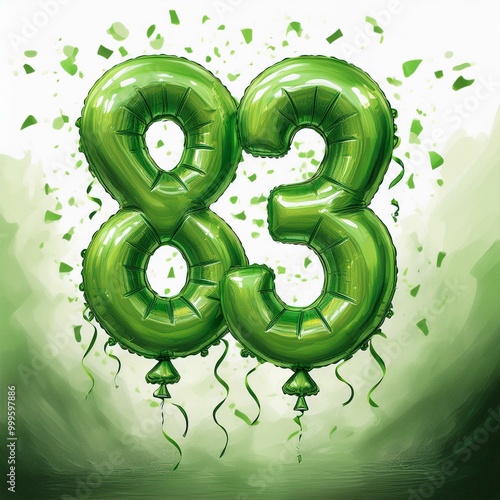 Green birthday / anniversary balloon, number 83, white background with confetti photo