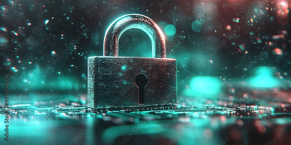 A Metal Padlock Rests on a Glitching Circuit Board, Representing Digital Security in a Futuristic Setting A Metal Padlock Rests on a Glitching Circuit Board, Representing Digital Security in a Futuristic Setting