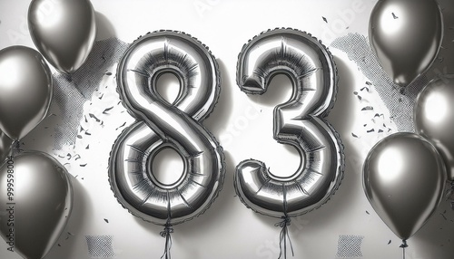 Silver birthday / anniversary balloon, number 83, white background with confetti photo