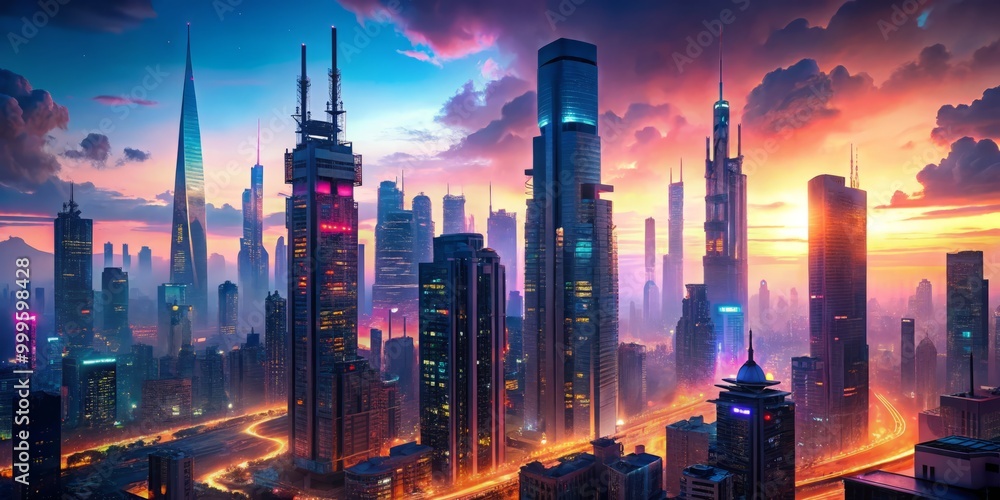 Fototapeta premium A futuristic cityscape at dusk, where towering skyscrapers and neon-lit streets blend with an ethereal, dreamlike quality, as if the buildings themselves were alive and pulsing with vibrant color.