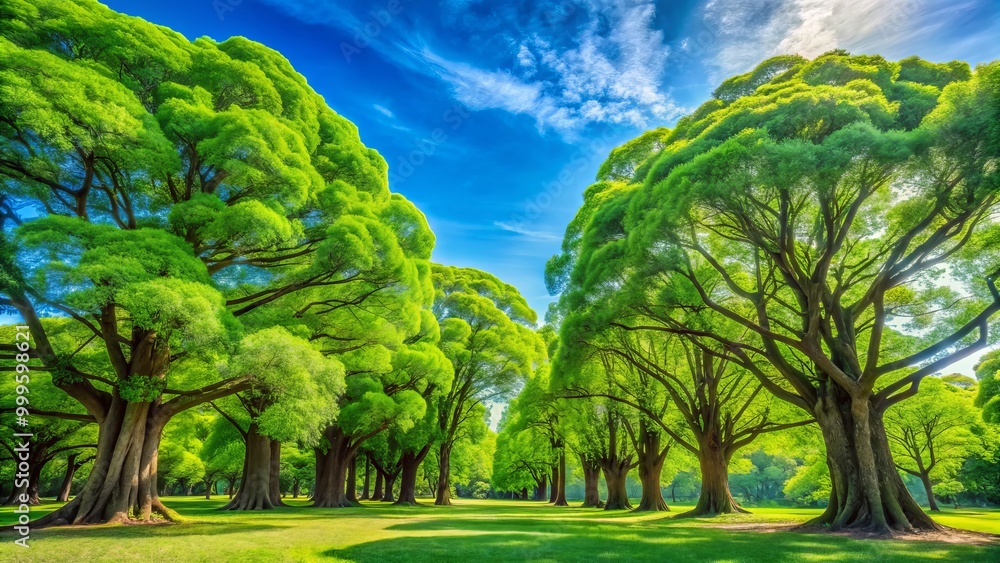 Towering Empress trees exhibit vivid green canopies beneath a clear blue sky, forming a beautiful natural landscape Towering Empress trees exhibit vivid green canopies beneath a clear blue sky, forming a beautiful natural landscape