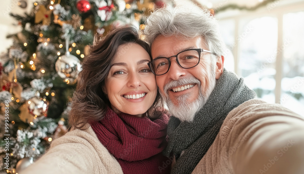 Fototapeta premium Happy couple taking a selfie wearing winter clothes by the christmas tree