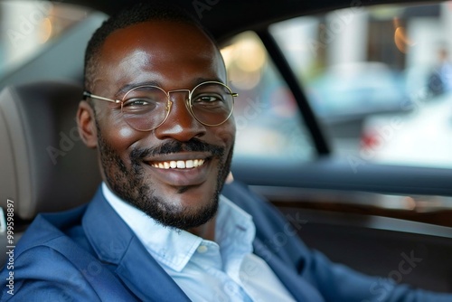 Happy young African businessman with a beautiful smile driving a car wearing eyeglasses.