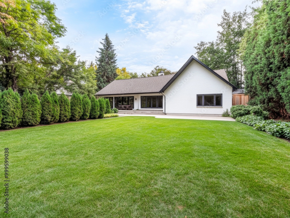 Modern single-story house with a well-maintained lawn and large windows surrounded by trees on a sunny day Modern single-story house with a well-maintained lawn and large windows surrounded by trees on a sunny day