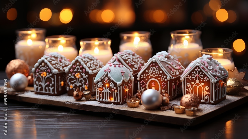 Christmas gingerbread houses wooden table with bokeh background.. Pastries in the form of houses. Festive scene with holiday pastries. Christmas gingerbread houses wooden table with bokeh background.. Pastries in the form of houses. Festive scene with holiday pastries.
