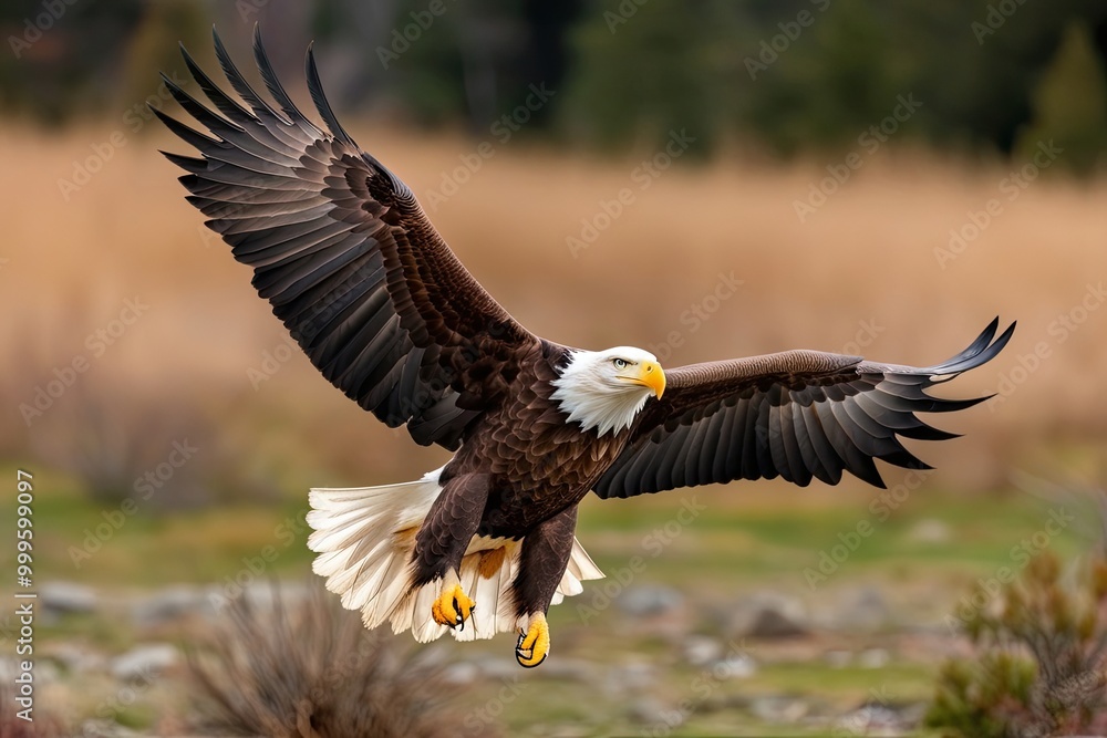 Obraz premium Bald Eagle Soaring in Natural Habitat Scenic Background