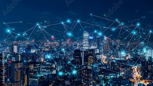 Wallpaper Mural Modern city with wireless network connection and city scape concept.Wireless network and Connection technology concept with city background at night.  Torontodigital.ca