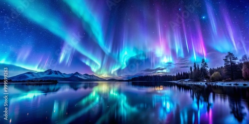 Neon blue to purple aurora borealis dancing across the night sky, in an eternal display of celestial ballet.