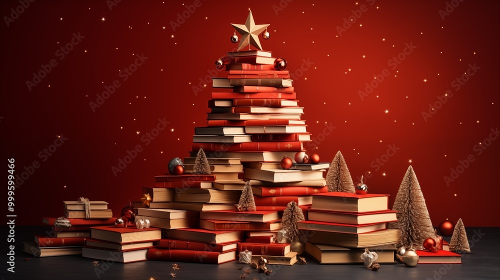 Christmas tree made from pile of books Colorful in the form of christmas tree on red background. Christmas tree made from pile of books Colorful in the form of christmas tree on red background.