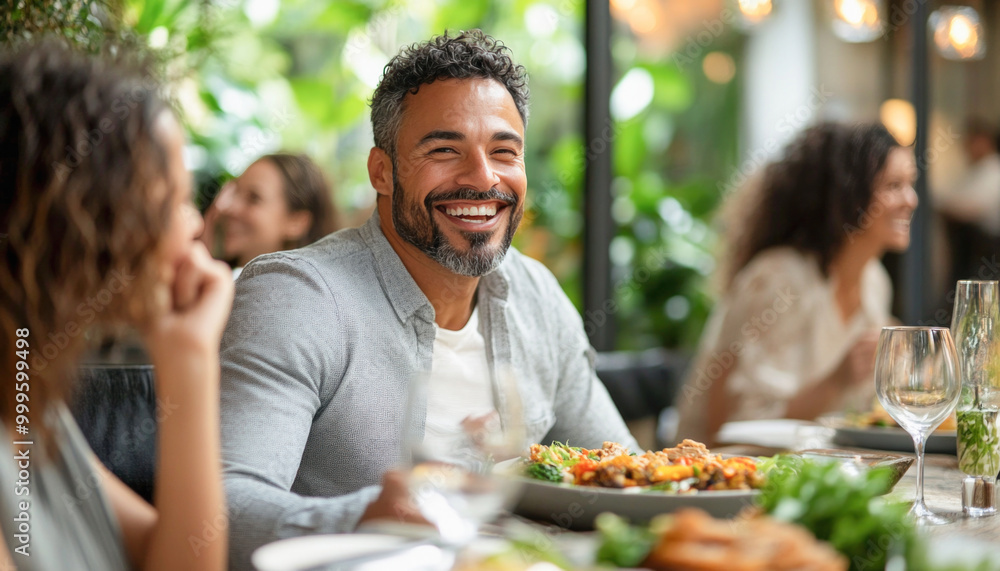 Happy man smiling while having lunch with friends at restaurant table Happy man smiling while having lunch with friends at restaurant table
