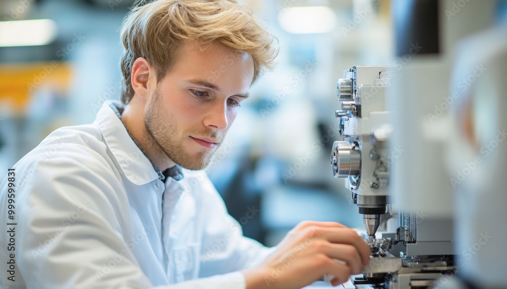 Focused engineer working with high precision equipment in a modern factory Focused engineer working with high precision equipment in a modern factory
