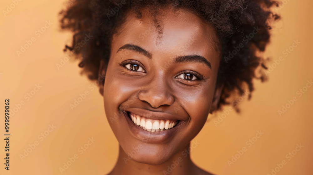A young woman with curly hair smiles brightly, showcasing her natural beauty against a vibrant orange backdrop. A young woman with curly hair smiles brightly, showcasing her natural beauty against a vibrant orange backdrop.