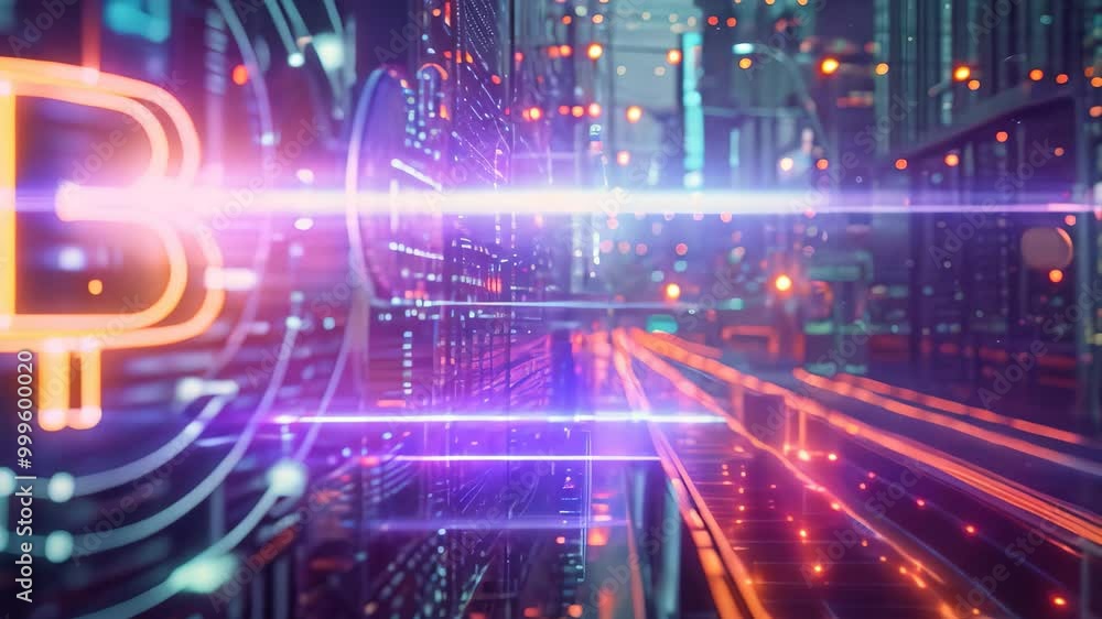 Bitcoin Logo in Front of Cityscape, A futuristic Video of bitcoins being transacted over a blockchain, set in a cyberpunk aesthetic Bitcoin Logo in Front of Cityscape, A futuristic Video of bitcoins being transacted over a blockchain, set in a cyberpunk aesthetic