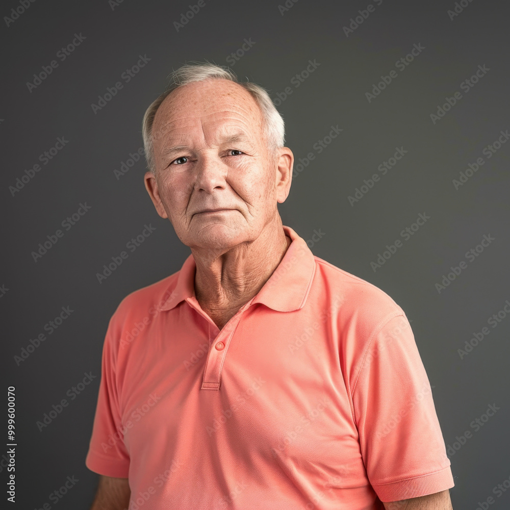 Obraz premium Portrait of a senior man in his 60s with thinning ash hair, wearing a salmon polo, looking thoughtful against a dark background