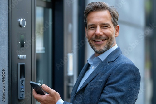 Beautiful mature businessman with a reassuring smile holding a smartphone to disarm the security system of the door.