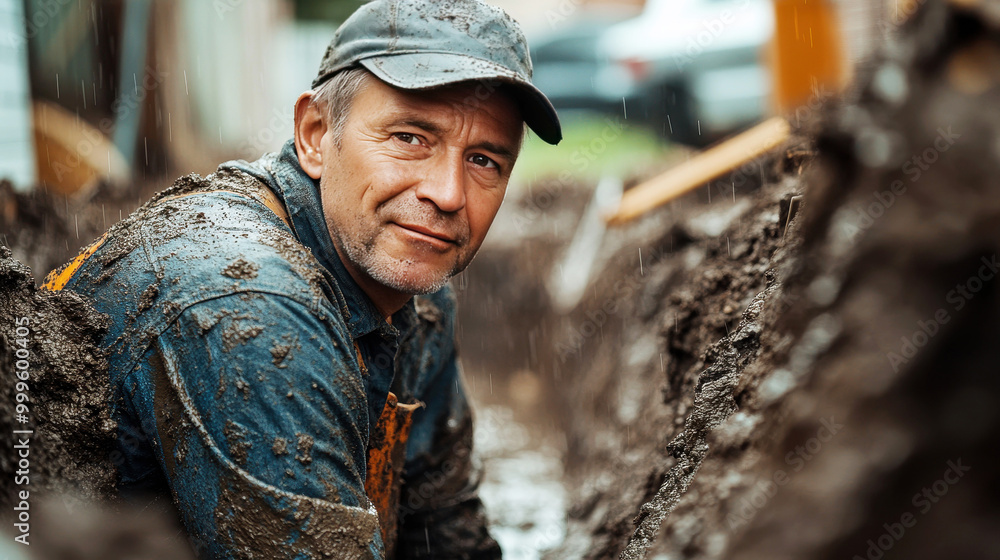 Experienced plumber working in mud trench during rainy weather Experienced plumber working in mud trench during rainy weather