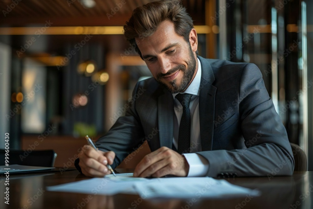 Fototapeta premium The beautiful businessman is smiling as he fills out a blank check at his desk.