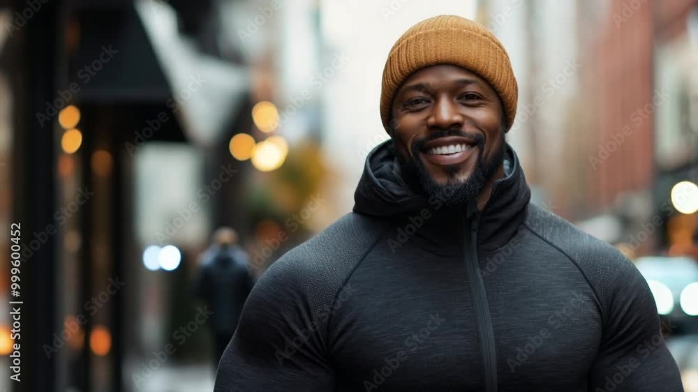 Confident black man in a warm beanie enjoying a lively urban street scene walking to the gym during early evening hours