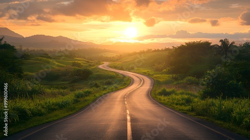 A breathtaking view of a bright sunrise casting warm, golden light over a winding road that stretches into the distance. The road is flanked by lush greenery and gentle hills, creating a picturesque 