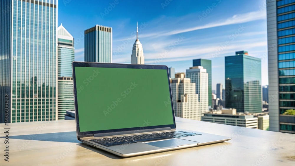 Mock up of a green screen laptop placed on a table. Skyscraper background, Mock up of a green screen laptop placed on a table. Skyscraper background,