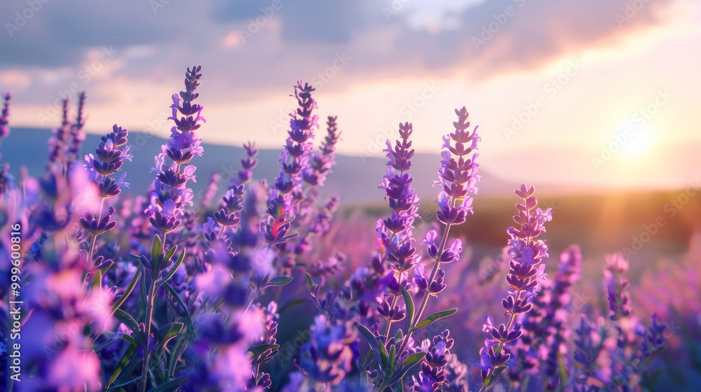 Naklejka premium Sunset over a picturesque lavender field in full bloom in the countryside