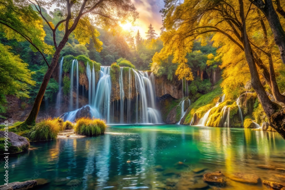 In a mystical realm, a butterscotch waterfall cascades into a crystal lake, surrounded by lush greenery and ancient trees. In a mystical realm, a butterscotch waterfall cascades into a crystal lake, surrounded by lush greenery and ancient trees.