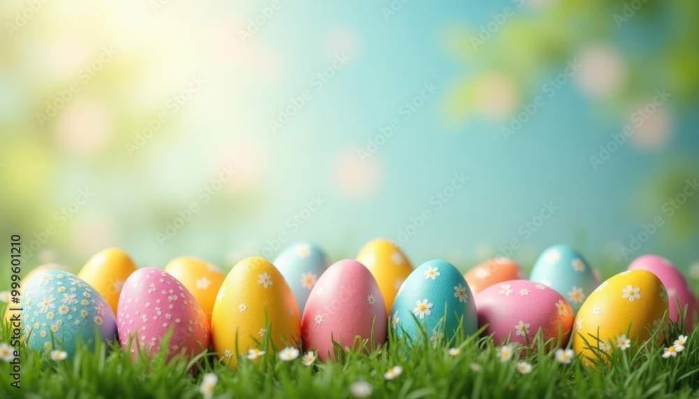 Colorful Easter eggs in a field of flowers Colorful Easter eggs in a field of flowers