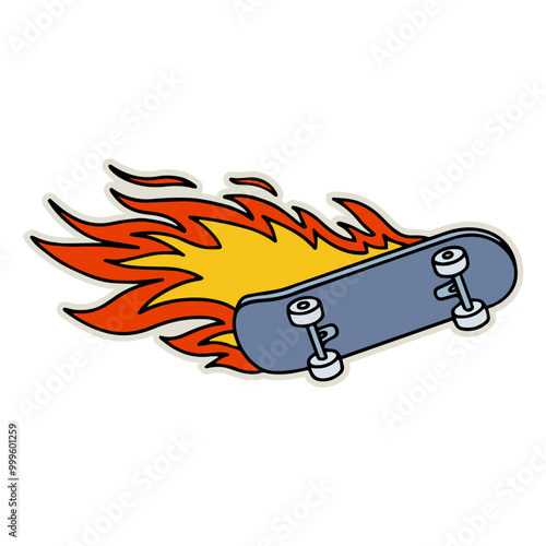 Hand-drawn skateboard on fire illustration. Creative sticker symbolizing speed, thrill, and extreme sports. Vector illustration for skateboarders, adrenaline lovers, and dynamic designs