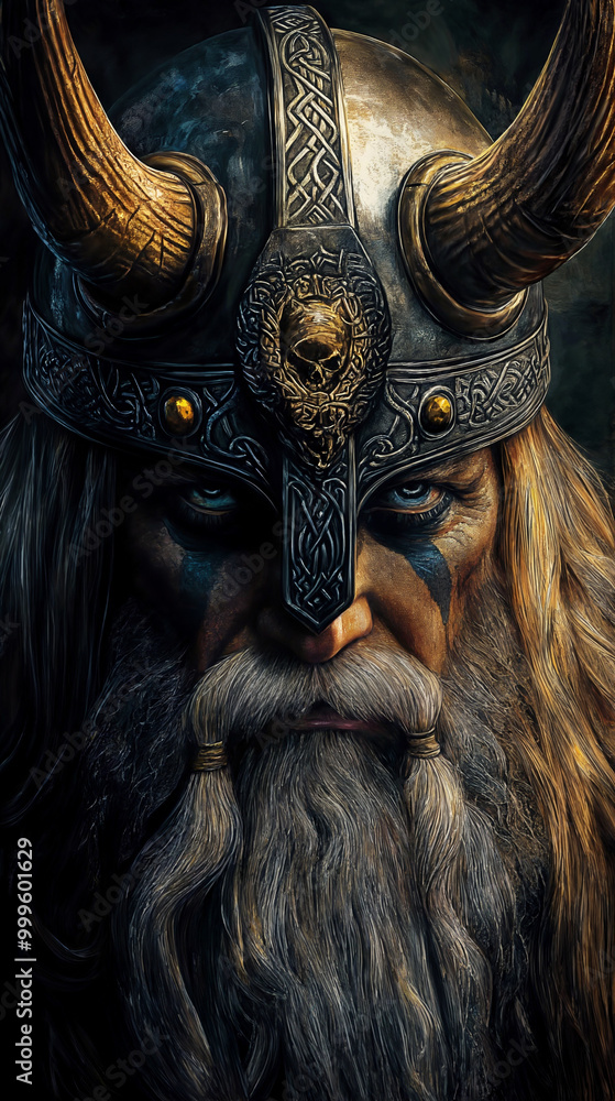 Fototapeta premium Portrait of a Viking with helmet and war paint on his face