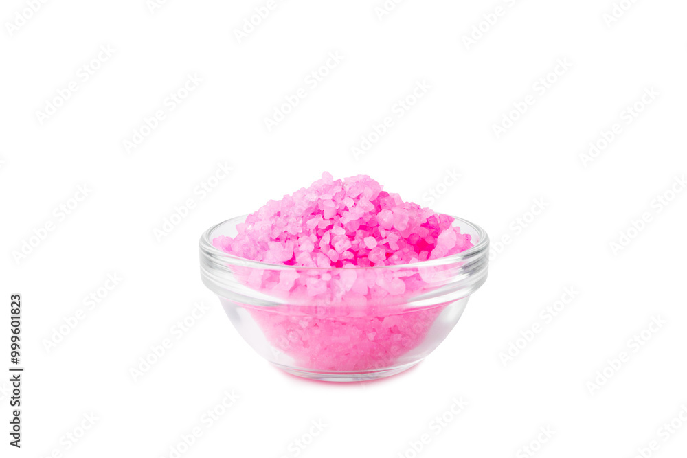 Sea salt for bath with rose aroma isolated on white background. Pink sea salt. Spa treatments. Natural salt with herbs and essential oils. skincare concept. Sea salt for bath with rose aroma isolated on white background. Pink sea salt. Spa treatments. Natural salt with herbs and essential oils. skincare concept.