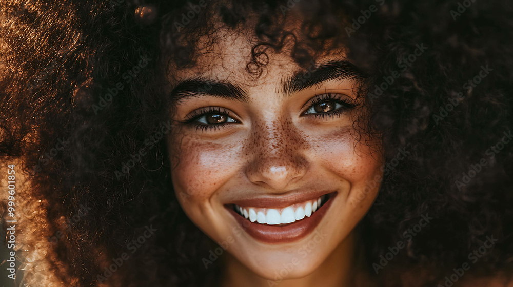 A close-up portrait of a young woman with curly hair smiling brightly, showcasing her perfect white teeth. A close-up portrait of a young woman with curly hair smiling brightly, showcasing her perfect white teeth.